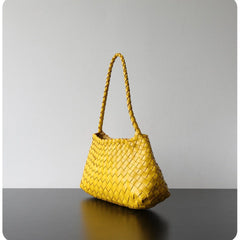 Italy Woven Leather Hobo Bag | Interwoven Summer Beach Bag, Full Grain Leather Triple Jump Bamboo HandBag, Black Leather Hobo Bag