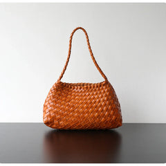 Italy Woven Leather Hobo Bag | Interwoven Summer Beach Bag, Full Grain Leather Triple Jump Bamboo HandBag, Black Leather Hobo Bag