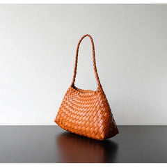 Italy Woven Leather Hobo Bag | Interwoven Summer Beach Bag, Full Grain Leather Triple Jump Bamboo HandBag, Black Leather Hobo Bag