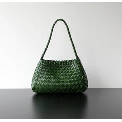 Italy Woven Leather Hobo Bag | Interwoven Summer Beach Bag, Full Grain Leather Triple Jump Bamboo HandBag, Black Leather Hobo Bag
