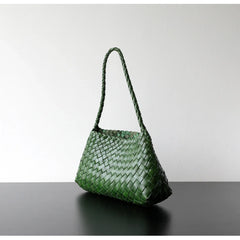 Italy Woven Leather Hobo Bag | Interwoven Summer Beach Bag, Full Grain Leather Triple Jump Bamboo HandBag, Black Leather Hobo Bag