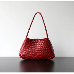Italy Woven Leather Hobo Bag | Interwoven Summer Beach Bag, Full Grain Leather Triple Jump Bamboo HandBag, Black Leather Hobo Bag