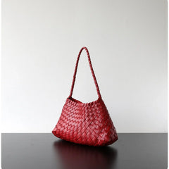 Italy Woven Leather Hobo Bag | Interwoven Summer Beach Bag, Full Grain Leather Triple Jump Bamboo HandBag, Black Leather Hobo Bag