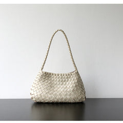 Italy Woven Leather Hobo Bag | Interwoven Summer Beach Bag, Full Grain Leather Triple Jump Bamboo HandBag, Black Leather Hobo Bag