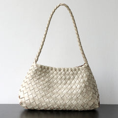 Italy Woven Leather Hobo Bag | Interwoven Summer Beach Bag, Full Grain Leather Triple Jump Bamboo HandBag, Black Leather Hobo Bag