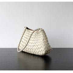 Italy Woven Leather Hobo Bag | Interwoven Summer Beach Bag, Full Grain Leather Triple Jump Bamboo HandBag, Black Leather Hobo Bag