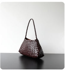 Italy Woven Leather Hobo Bag | Interwoven Summer Beach Bag, Full Grain Leather Triple Jump Bamboo HandBag, Black Leather Hobo Bag