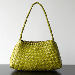 Italy Woven Leather Hobo Bag | Interwoven Summer Beach Bag, Full Grain Leather Triple Jump Bamboo HandBag, Black Leather Hobo Bag