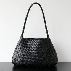 Italy Woven Leather Hobo Bag | Interwoven Summer Beach Bag, Full Grain Leather Triple Jump Bamboo HandBag, Black Leather Hobo Bag