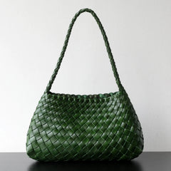 Italy Woven Leather Hobo Bag | Interwoven Summer Beach Bag, Full Grain Leather Triple Jump Bamboo HandBag, Black Leather Hobo Bag
