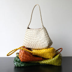 Italy Woven Leather Hobo Bag | Interwoven Summer Beach Bag, Full Grain Leather Triple Jump Bamboo HandBag, Black Leather Hobo Bag