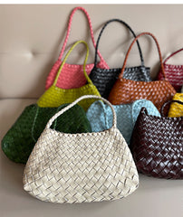 Italy Woven Leather Hobo Bag | Interwoven Summer Beach Bag, Full Grain Leather Triple Jump Bamboo HandBag, Black Leather Hobo Bag