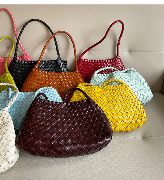 Italy Woven Leather Hobo Bag | Interwoven Summer Beach Bag, Full Grain Leather Triple Jump Bamboo HandBag, Black Leather Hobo Bag