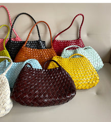 Italy Woven Leather Hobo Bag | Interwoven Summer Beach Bag, Full Grain Leather Triple Jump Bamboo HandBag, Black Leather Hobo Bag