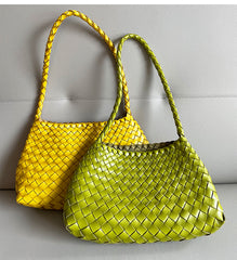 Italy Woven Leather Hobo Bag | Interwoven Summer Beach Bag, Full Grain Leather Triple Jump Bamboo HandBag, Black Leather Hobo Bag