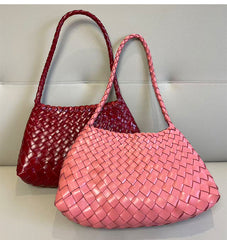 Italy Woven Leather Hobo Bag | Interwoven Summer Beach Bag, Full Grain Leather Triple Jump Bamboo HandBag, Black Leather Hobo Bag