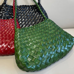 Italy Woven Leather Hobo Bag | Interwoven Summer Beach Bag, Full Grain Leather Triple Jump Bamboo HandBag, Black Leather Hobo Bag