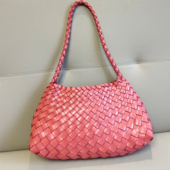 Italy Woven Leather Hobo Bag | Interwoven Summer Beach Bag, Full Grain Leather Triple Jump Bamboo HandBag, Black Leather Hobo Bag