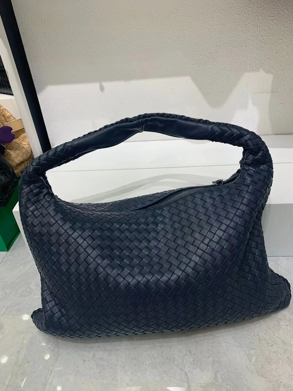 Lambskin Hobo Bag | Italian Leather Handbag | Large Handwoven Laptop Bag, Woven Dumpling Bag, Leather Tote Bag, Black, Blue Working Bag
