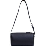 Mini black lambskin leather Boston bag with long adjustable strap and boxy shape on white background