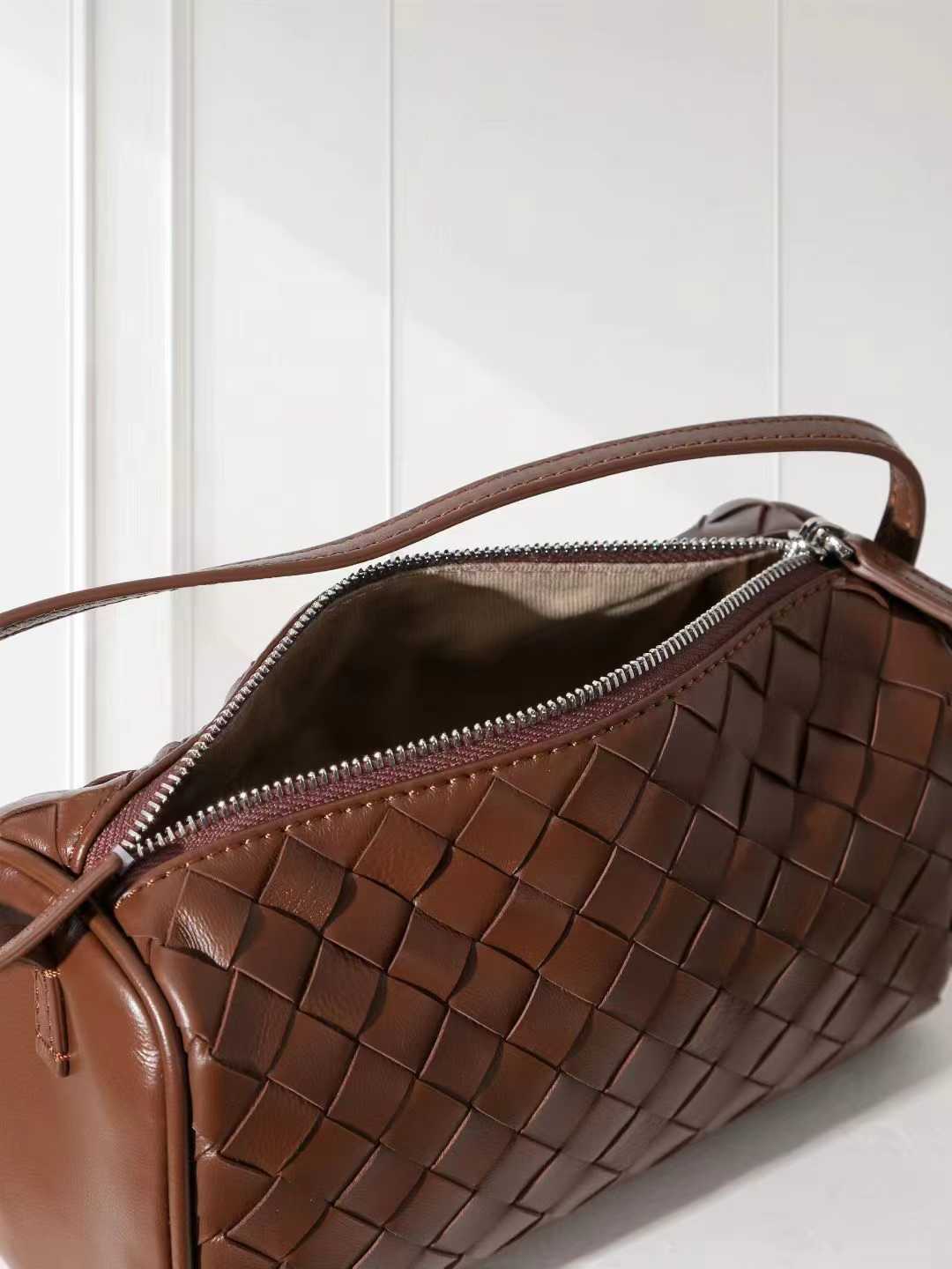 Lambskin Leather Woven Boston Bag, Mini Designer Bag, Leather Box Shoulder Bag, Classic Leather Handbag, Minimalist Genuine Leather Crossbody Purse