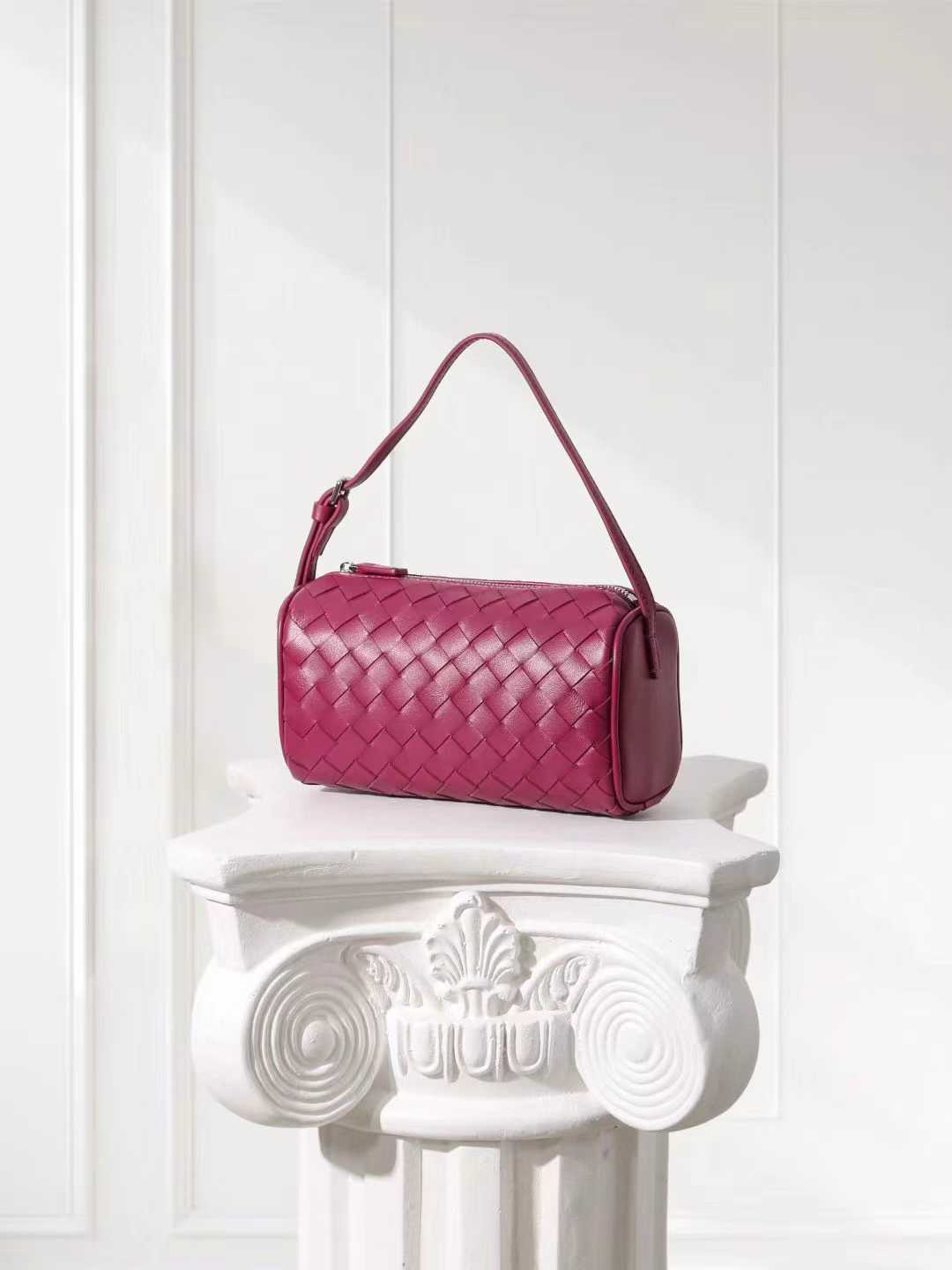 Lambskin Leather Woven Boston Bag, Mini Designer Bag, Leather Box Shoulder Bag, Classic Leather Handbag, Minimalist Genuine Leather Crossbody Purse