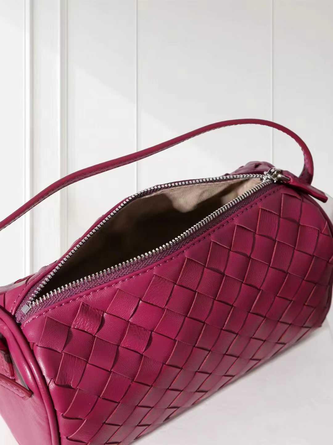 Lambskin Leather Woven Boston Bag, Mini Designer Bag, Leather Box Shoulder Bag, Classic Leather Handbag, Minimalist Genuine Leather Crossbody Purse