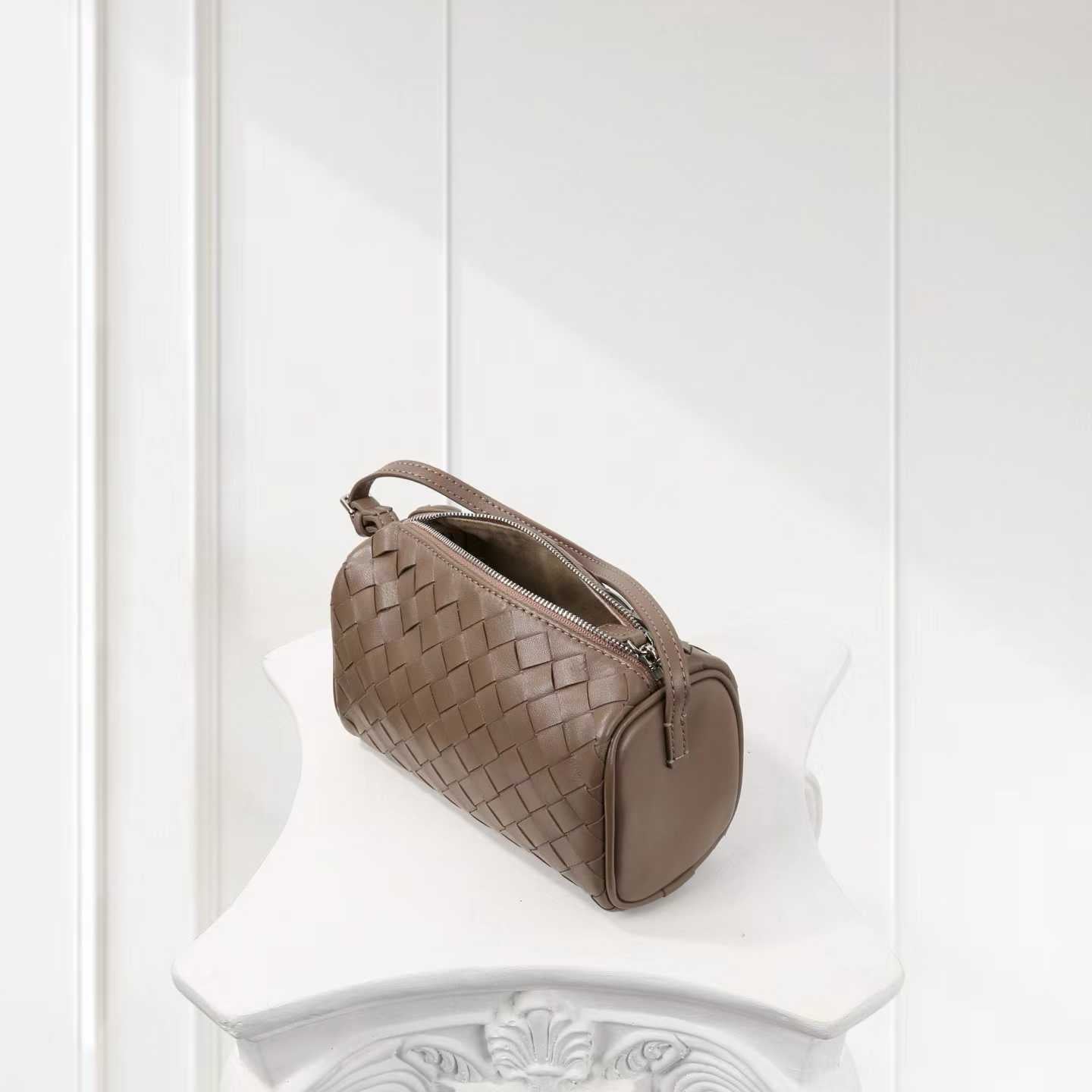 Lambskin Leather Woven Boston Bag, Mini Designer Bag, Leather Box Shoulder Bag, Classic Leather Handbag, Minimalist Genuine Leather Crossbody Purse