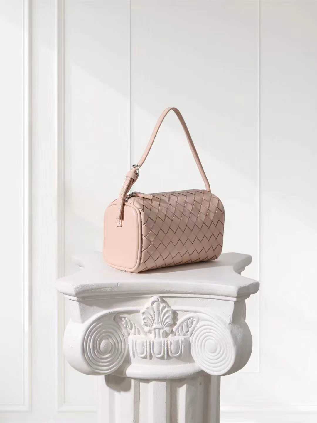 Lambskin Leather Woven Boston Bag, Mini Designer Bag, Leather Box Shoulder Bag, Classic Leather Handbag, Minimalist Genuine Leather Crossbody Purse