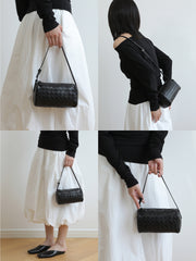 Lambskin Leather Woven Boston Bag, Mini Designer Bag, Leather Box Shoulder Bag, Classic Leather Handbag, Minimalist Genuine Leather Crossbody Purse