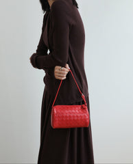 Lambskin Leather Woven Boston Bag, Mini Designer Bag, Leather Box Shoulder Bag, Classic Leather Handbag, Minimalist Genuine Leather Crossbody Purse