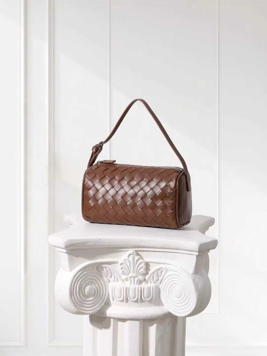 Lambskin Leather Woven Boston Bag, Mini Designer Bag, Leather Box Shoulder Bag, Classic Leather Handbag, Minimalist Genuine Leather Crossbody Purse