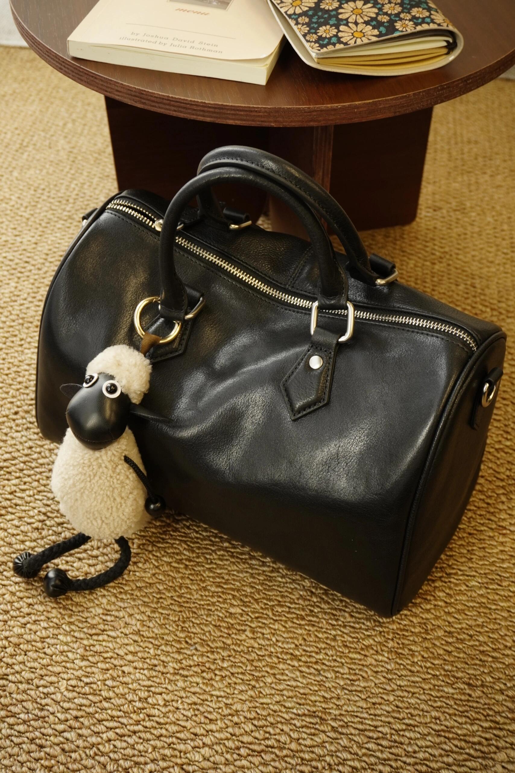 Large Cowhide Leather Boston Bag, Vintage Matte Leather Crossbody & Commuter Satchel with Sheep Charm
