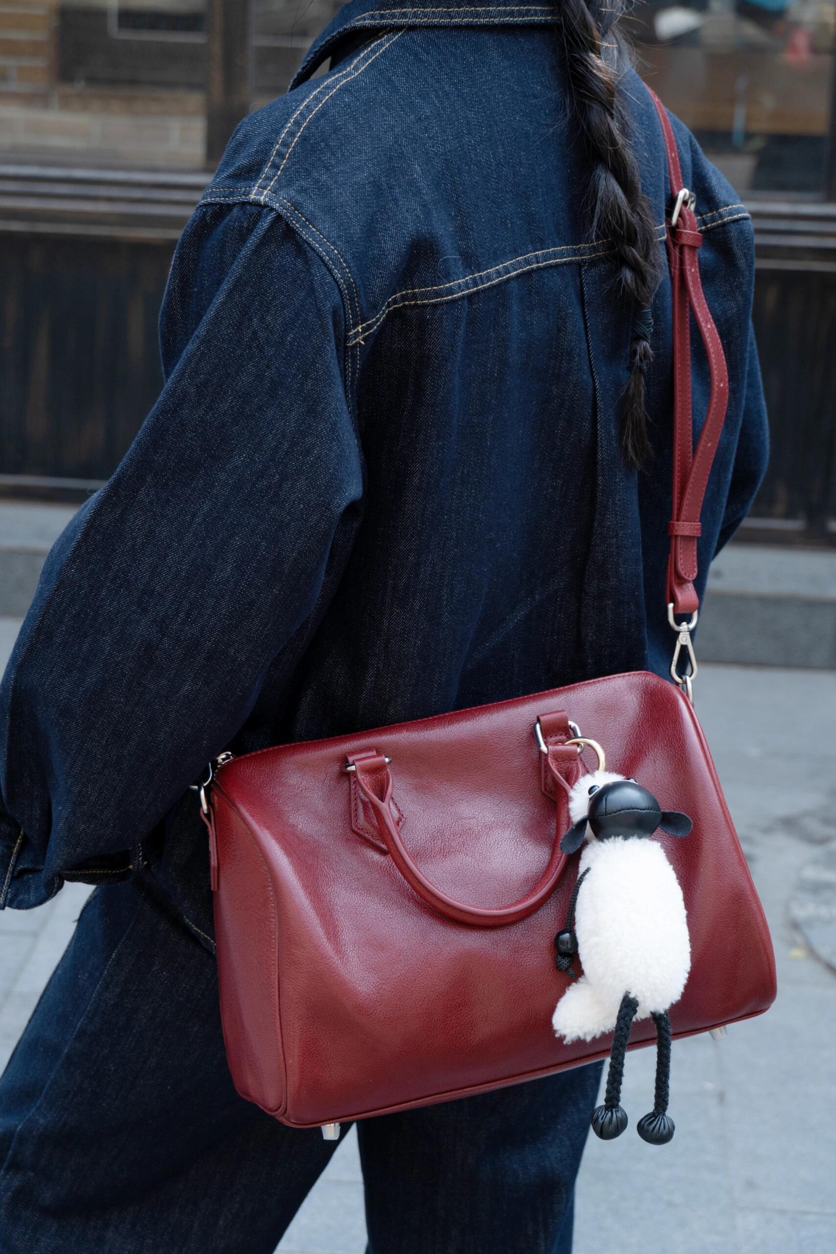 Large Cowhide Leather Boston Bag, Vintage Matte Leather Crossbody & Commuter Satchel with Sheep Charm