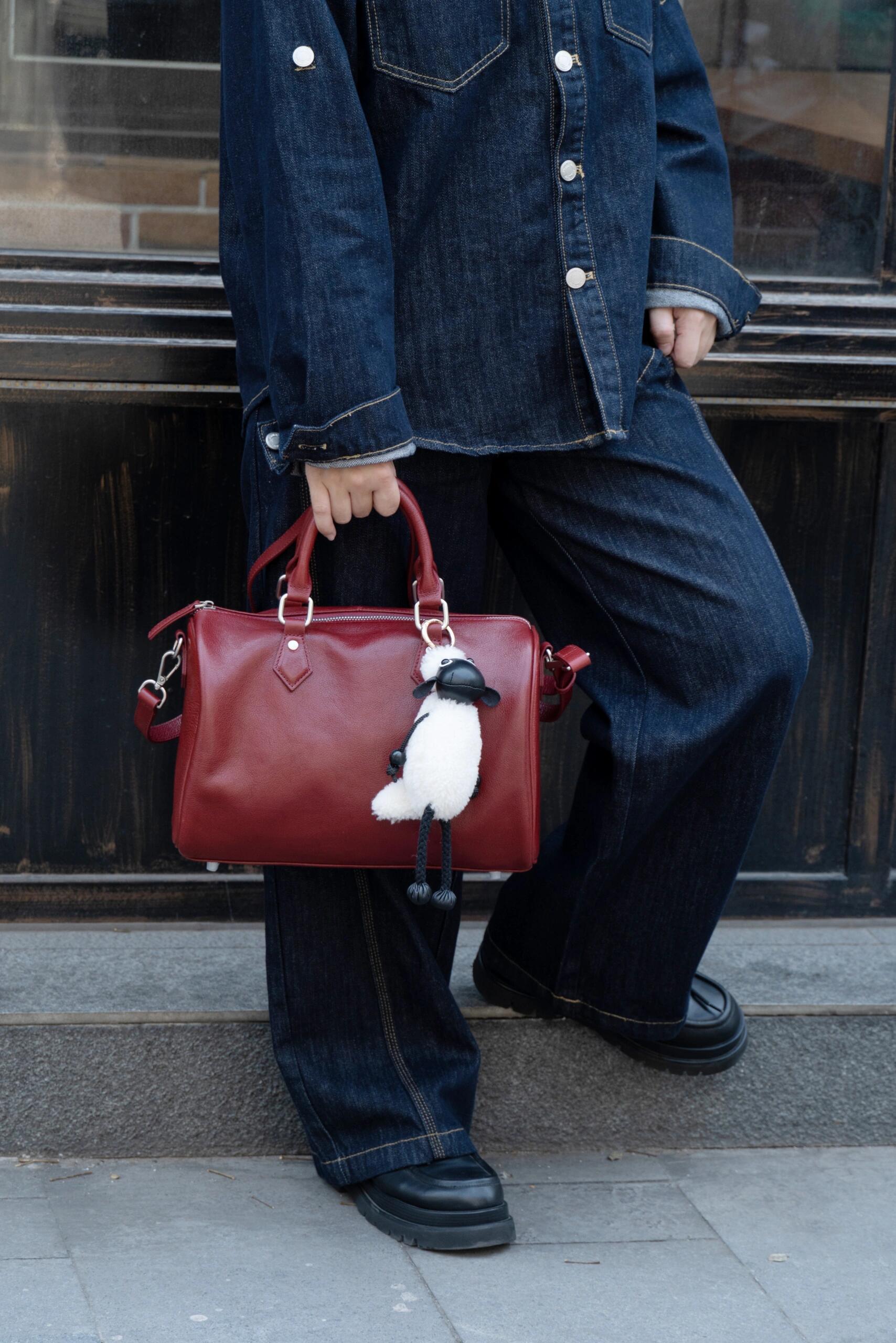 Large Cowhide Leather Boston Bag, Vintage Matte Leather Crossbody & Commuter Satchel with Sheep Charm