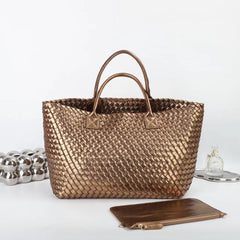 Large Handwoven Vegan Leather Tote/Weekend Bag in Onyx I Trendy Boutique Style ! Handmade Gift for Her - Alexel Crafts