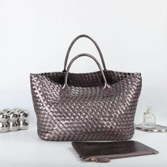 Large Handwoven Vegan Leather Tote/Weekend Bag in Onyx I Trendy Boutique Style ! Handmade Gift for Her - Alexel Crafts