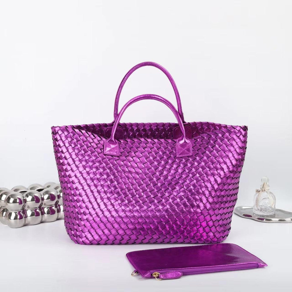 Large Handwoven Vegan Leather Tote/Weekend Bag in Onyx I Trendy Boutique Style ! Handmade Gift for Her - Alexel Crafts