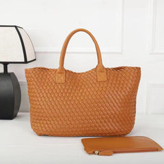 Large Handwoven Vegan Leather Tote/Weekend Bag in Onyx I Trendy Boutique Style ! Handmade Gift for Her - Alexel Crafts