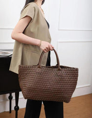 Large Handwoven Vegan Leather Tote/Weekend Bag in Onyx I Trendy Boutique Style ! Handmade Gift for Her - Alexel Crafts