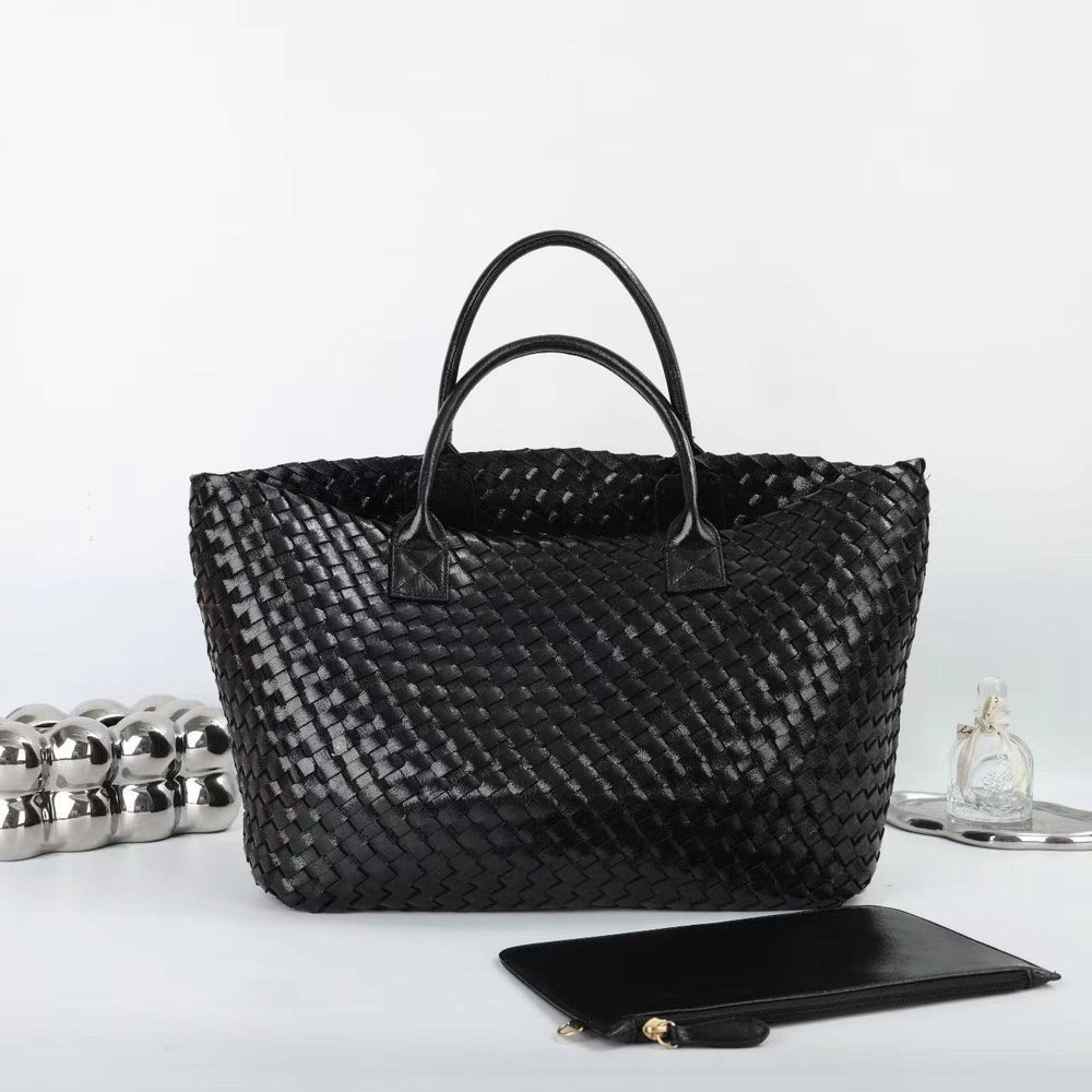 Large Handwoven Vegan Leather Tote/Weekend Bag in Onyx I Trendy Boutique Style ! Handmade Gift for Her - Alexel Crafts