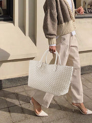 Large Handwoven Vegan Leather Tote/Weekend Bag in Onyx I Trendy Boutique Style ! Handmade Gift for Her