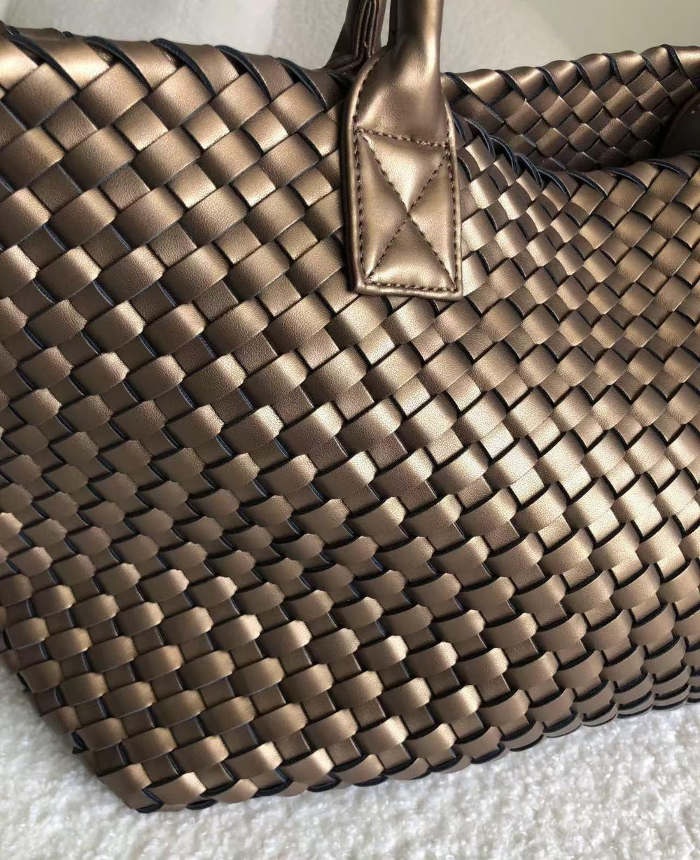 Handwoven vegan leather tote bag in metallic onyx with textured weave pattern