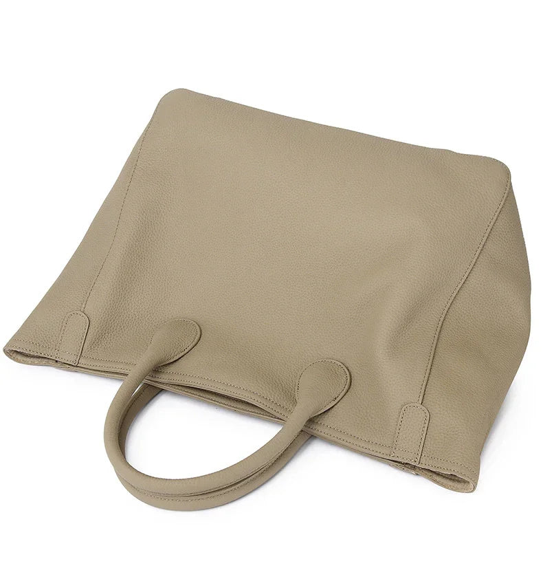 Large taupe leather tote bag with double handles, textured finish, for women