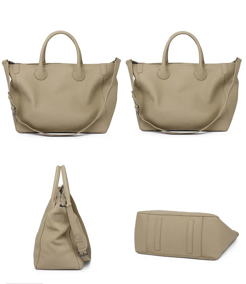 Large beige leather tote bag with top handles and shoulder strap, shown from multiple angles.