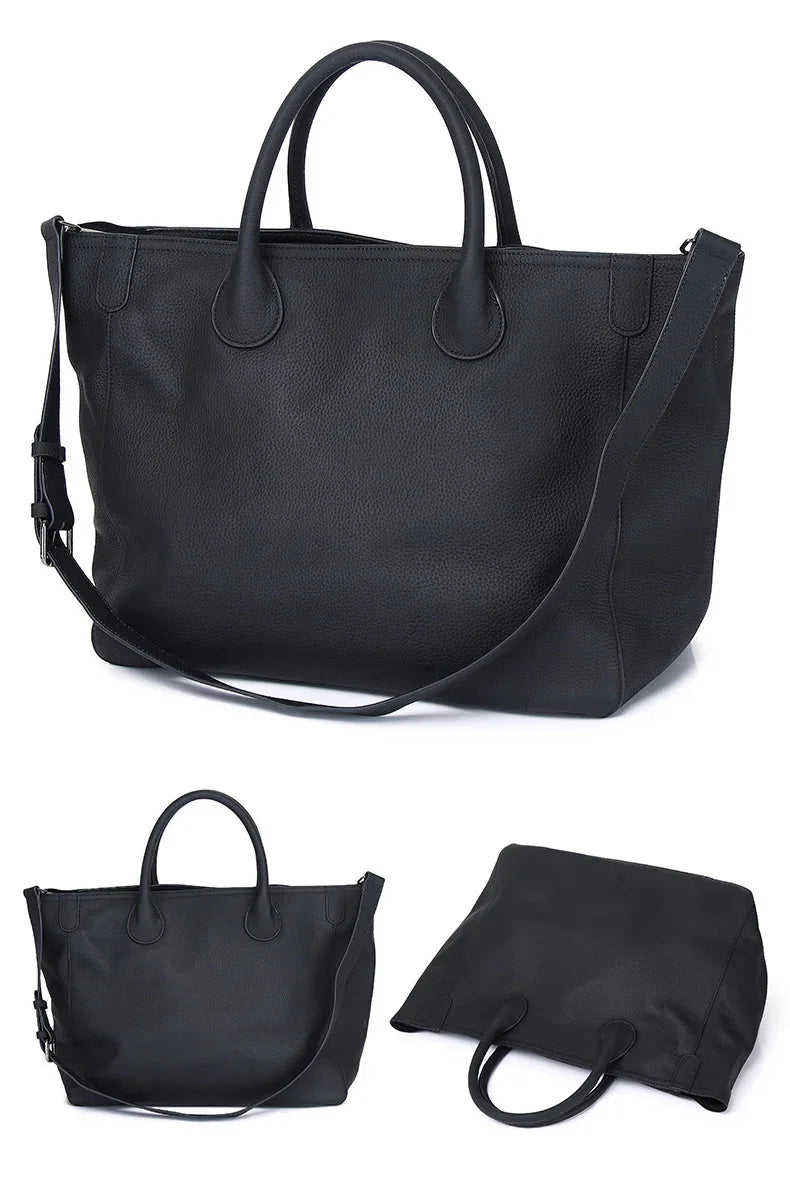 Large black leather tote bag with double handles and shoulder strap, shown from multiple angles.