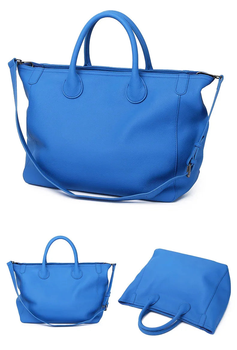 Large blue leather tote bag with top handles and shoulder strap, shown from multiple angles.