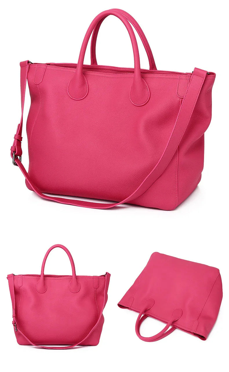 Large pink leather tote bag with handles and shoulder strap, shown from multiple angles.