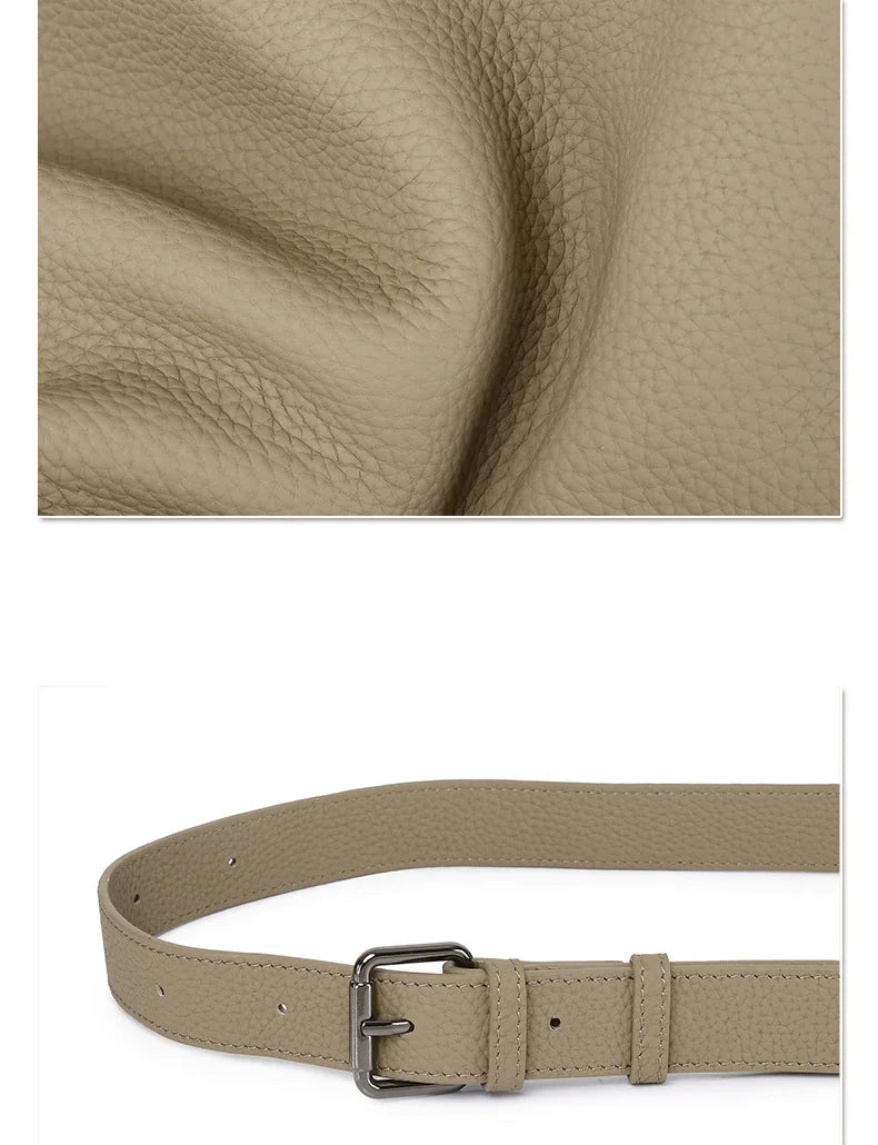 Textured taupe cowhide leather close-up and matching adjustable leather shoulder strap with metal buckle.