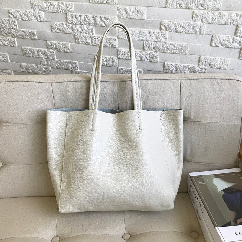 Large Soft Cowhide Leather Tote | Minimalist Oversized Shopper with Removable Inner Pouch